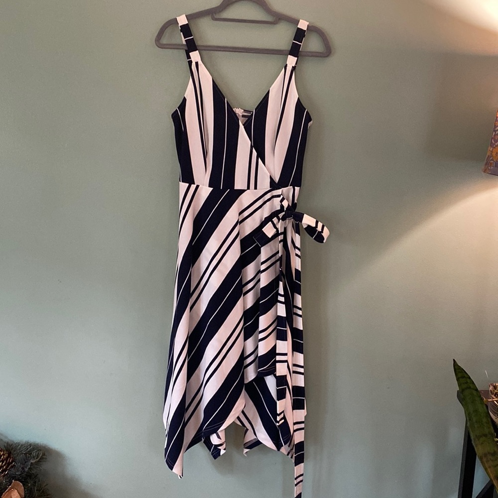 Navy striped asymmetrical faux wrap dress